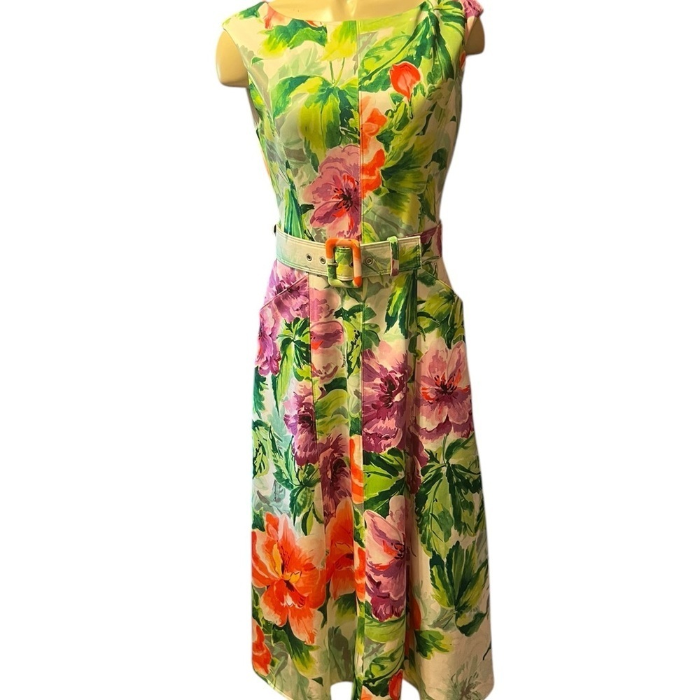 Donna Ricco Green Sundress Short Sleeve Scoop Neck Midi